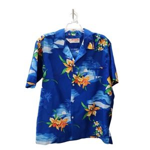 Vintage 90s SHORELINE HAWAII POLYESTER HAWAIIAN SHIRT Sunset Scene L Beach Blue
